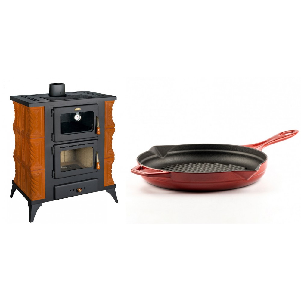Set Kaminofen, Holzofen mit Backfach Prity, Modell FMS RK, Leistung 12kW, Keramikverkleidung, Füße + Emaillierte grillpfanne Gusseisen Solagio, Rubin, Ф28cm