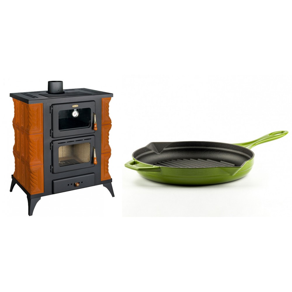 Set Kaminofen, Holzofen mit Backfach Prity, Modell FMS RK, Leistung 12kW, Keramikverkleidung, Füße + Emaillierte grillpfanne Gusseisen Solagio, Bamboo, Ф28cm