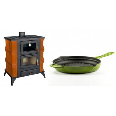 Set Kaminofen, Holzofen mit Backfach Prity, Modell FMS RK, Leistung 12kW, Keramikverkleidung, Füße + Emaillierte grillpfanne Gusseisen Solagio, Bamboo, Ф28cm - Kaminofen - Holzofen mit Backfach