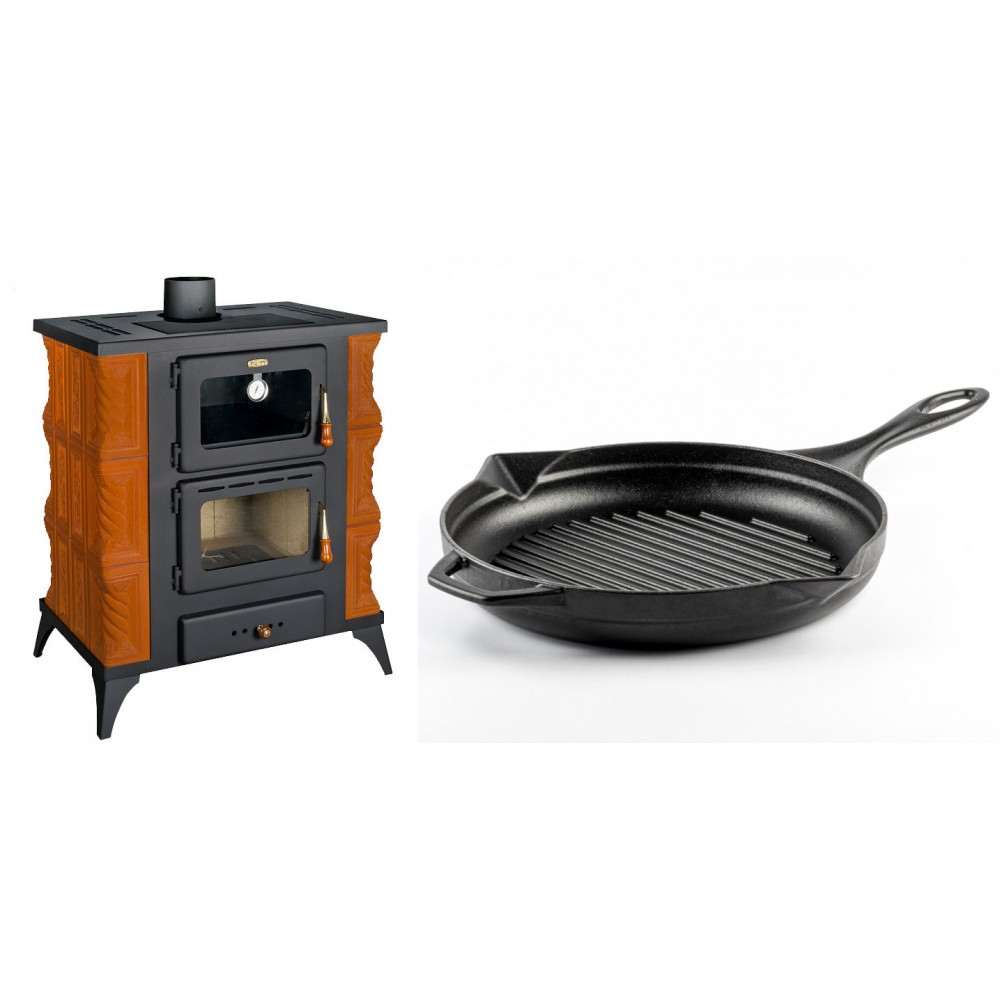 Set Kaminofen, Holzofen mit Backfach Prity, Modell FMS RK, Leistung 12kW, Keramikverkleidung, Füße + Emaillierte grillpfanne Gusseisen Solagio, Black Onyx, Ф28cm
