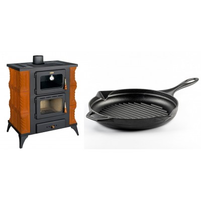Set Kaminofen, Holzofen mit Backfach Prity, Modell FMS RK, Leistung 12kW, Keramikverkleidung, Füße + Emaillierte grillpfanne Gusseisen Solagio, Black Onyx, Ф28cm - Kaminofen - Holzofen mit Backfach