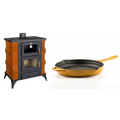 Set Kaminofen, Holzofen mit Backfach Prity, Modell FMS RK, Leistung 12kW, Keramikverkleidung, Füße + Emaillierte grillpfanne Gusseisen Solagio, Dijon, Ф28cm - Kaminofen - Holzofen mit Backfach