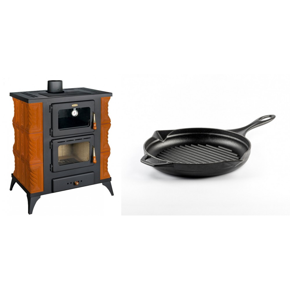 Set Kaminofen, Holzofen mit Backfach Prity, Modell FMS RK, Leistung 12kW, Keramikverkleidung, Füße + Emaillierte grillpfanne Gusseisen Solagio, Black Onyx, Ф24cm | Holzofen | Kaminofen |