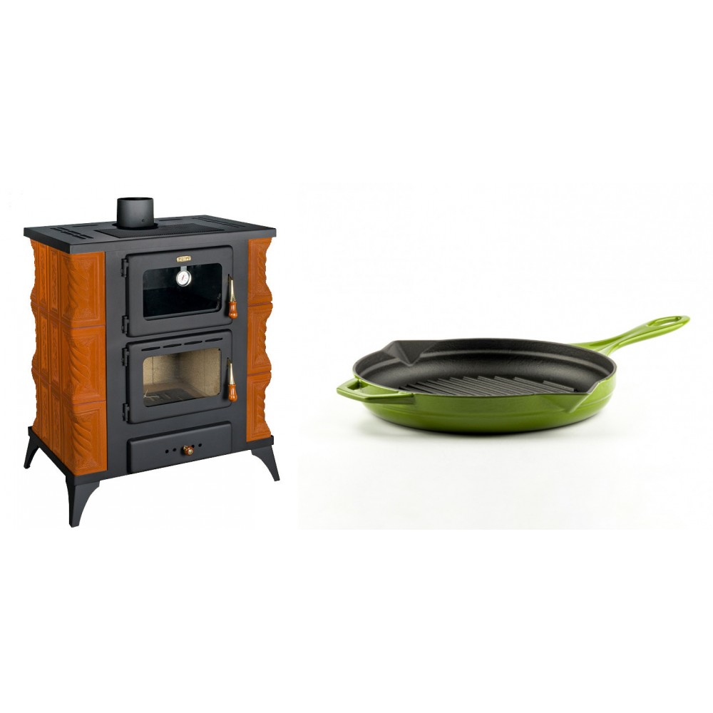 Set Kaminofen, Holzofen mit Backfach Prity, Modell FMS RK, Leistung 12kW, Keramikverkleidung, Füße + Emaillierte grillpfanne Gusseisen Solagio, Bamboo, Ф24cm | Holzofen | Kaminofen |