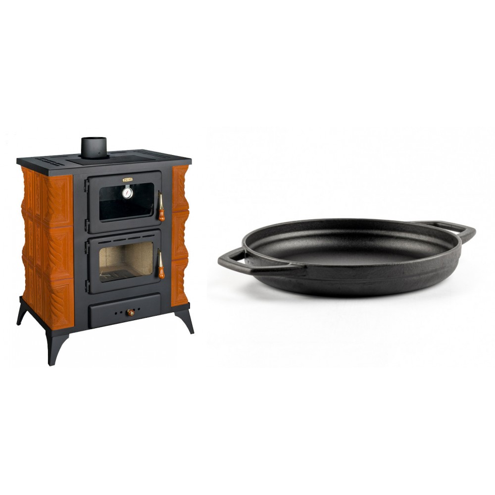 Set Kaminofen, Holzofen mit Backfach Prity, Modell FMS RK, Leistung 12kW, Keramikverkleidung, Füße + Emaillierte gusseisenpfanne mit zwei Griffen Solagio, Black Onyx, Ф22cm