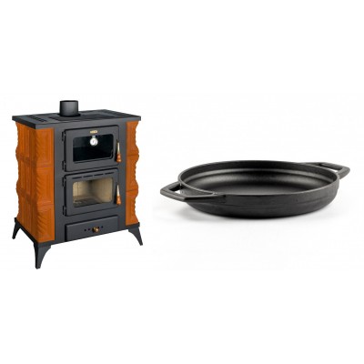 Set Kaminofen, Holzofen mit Backfach Prity, Modell FMS RK, Leistung 12kW, Keramikverkleidung, Füße + Emaillierte gusseisenpfanne mit zwei Griffen Solagio, Black Onyx, Ф22cm - Kaminofen - Holzofen mit Backfach