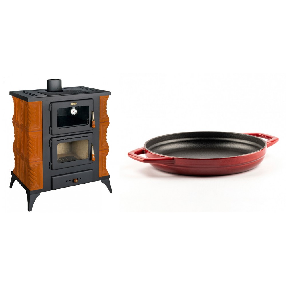 Set Kaminofen, Holzofen mit Backfach Prity, Modell FMS RK, Leistung 12kW, Keramikverkleidung, Füße + Emaillierte gusseisenpfanne mit zwei Griffen Solagio, Rubin, Ф22cm | Holzofen | Kaminofen |