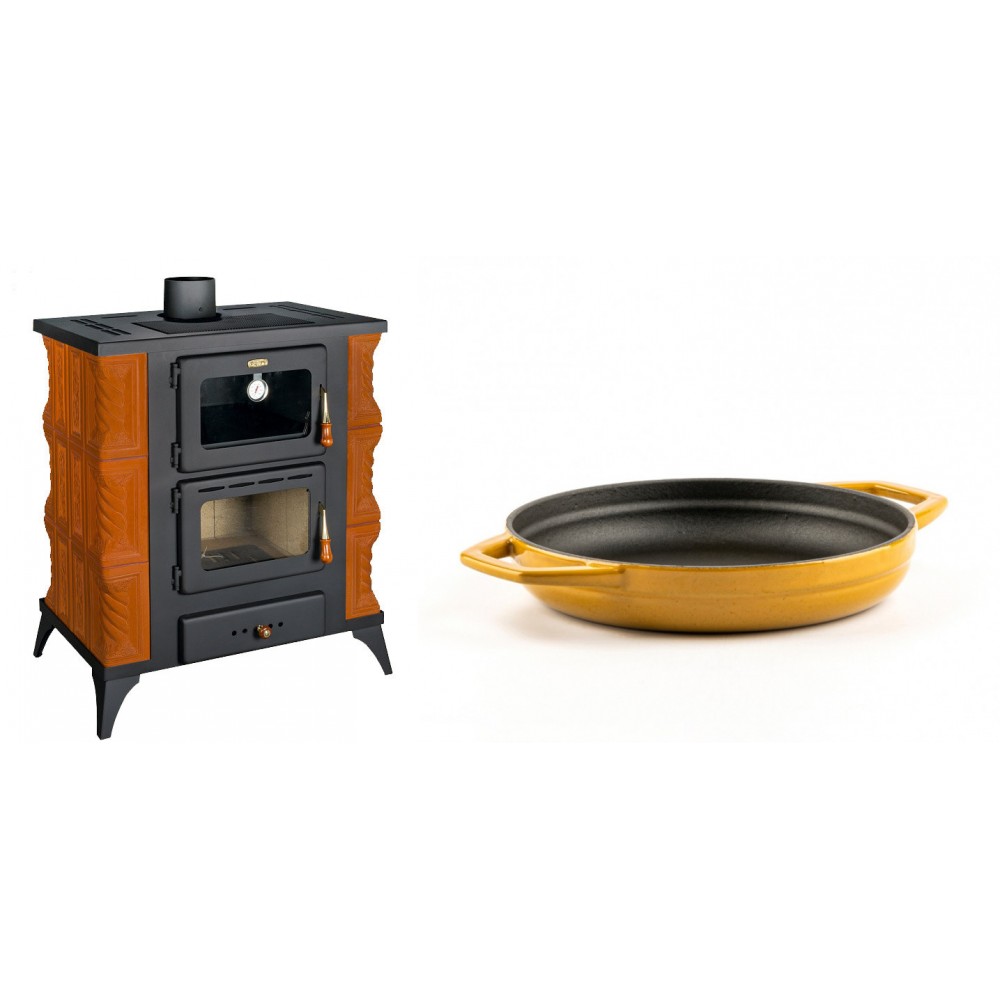 Set Kaminofen, Holzofen mit Backfach Prity, Modell FMS RK, Leistung 12kW, Keramikverkleidung, Füße + Emaillierte gusseisenpfanne mit zwei Griffen Solagio, Dijon, Ф19cm | Holzofen | Kaminofen |