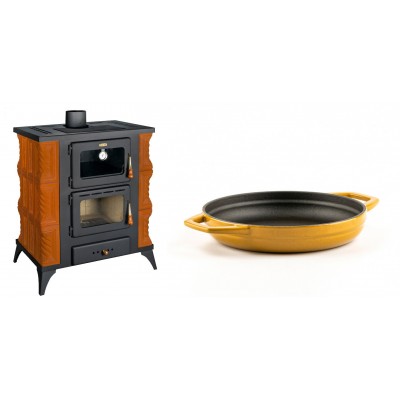 Set Kaminofen, Holzofen mit Backfach Prity, Modell FMS RK, Leistung 12kW, Keramikverkleidung, Füße + Emaillierte gusseisenpfanne mit zwei Griffen Solagio, Dijon, Ф19cm - Kaminofen - Holzofen mit Backfach