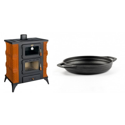 Set Kaminofen, Holzofen mit Backfach Prity, Modell FMS RK, Leistung 12kW, Keramikverkleidung, Füße + Emaillierte gusseisenpfanne mit zwei Griffen Solagio, Black Onyx, Ф19cm - Kaminofen - Holzofen mit Backfach