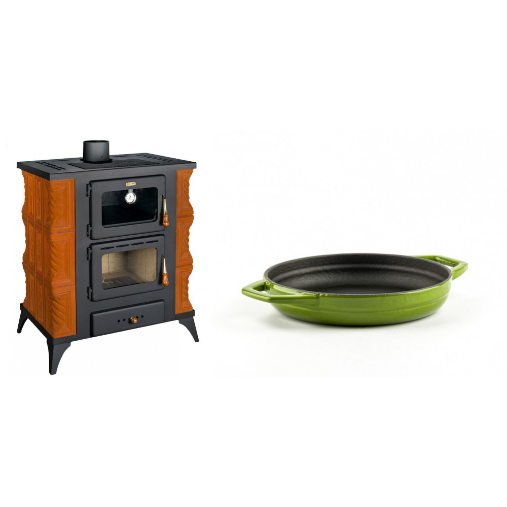 Set Kaminofen, Holzofen mit Backfach Prity, Modell FMS RK, Leistung 12kW, Keramikverkleidung, Füße + Emaillierte gusseisenpfanne mit zwei Griffen Solagio, Bamboo, Ф16cm | Holzofen | Kaminofen |