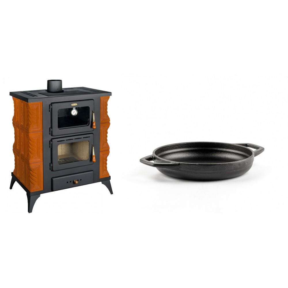 Set Kaminofen, Holzofen mit Backfach Prity, Modell FMS RK, Leistung 12kW, Keramikverkleidung, Füße + Emaillierte gusseisenpfanne mit zwei Griffen Solagio, Black Onyx, Ф16cm | Holzofen | Kaminofen |
