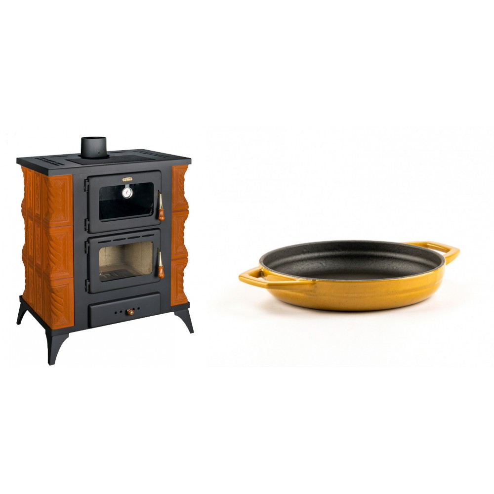 Set Kaminofen, Holzofen mit Backfach Prity, Modell FMS RK, Leistung 12kW, Keramikverkleidung, Füße + Emaillierte gusseisenpfanne mit zwei Griffen Solagio, Dijon, Ф16cm