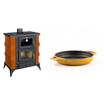 Set Kaminofen, Holzofen mit Backfach Prity, Modell FMS RK, Leistung 12kW, Keramikverkleidung, Füße + Emaillierte gusseisenpfanne mit zwei Griffen Solagio, Dijon, Ф16cm - Kaminofen - Holzofen mit Backfach