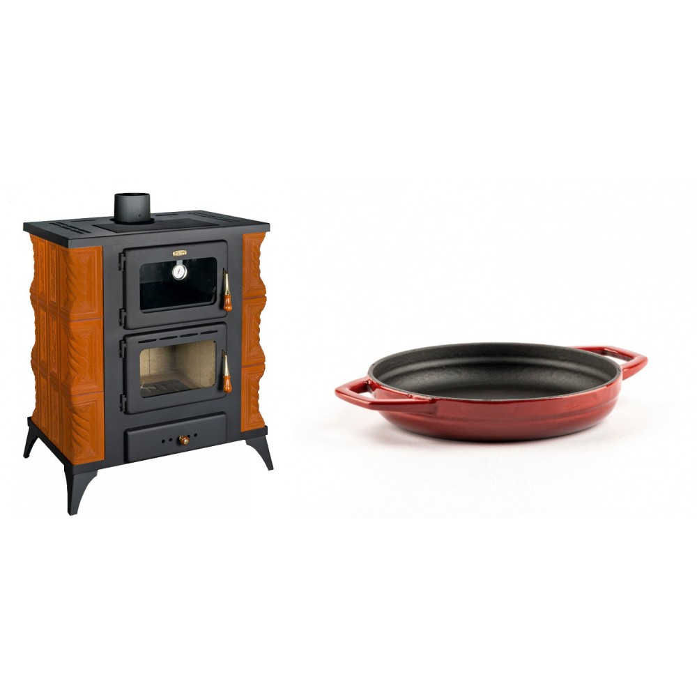 Set Kaminofen, Holzofen mit Backfach Prity, Modell FMS RK, Leistung 12kW, Keramikverkleidung, Füße + Emaillierte gusseisenpfanne mit zwei Griffen Solagio, Rubin, Ф16cm