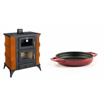Set Kaminofen, Holzofen mit Backfach Prity, Modell FMS RK, Leistung 12kW, Keramikverkleidung, Füße + Emaillierte gusseisenpfanne mit zwei Griffen Solagio, Rubin, Ф16cm - Kaminofen - Holzofen mit Backfach