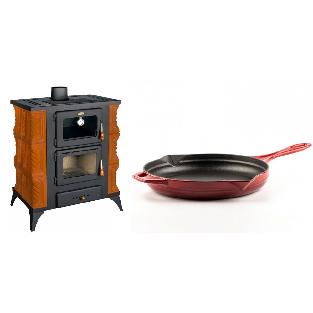 Set Kaminofen, Holzofen mit Backfach Prity, Modell FMS RK, Leistung 12kW, Keramikverkleidung, Füße + Emaillierte Gusseisenpfanne Solagio, Rubin, Ф28cm | Holzofen | Kaminofen |