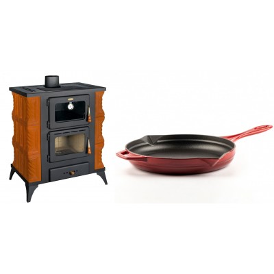 Set Kaminofen, Holzofen mit Backfach Prity, Modell FMS RK, Leistung 12kW, Keramikverkleidung, Füße + Emaillierte Gusseisenpfanne Solagio, Rubin, Ф28cm - Kaminofen - Holzofen mit Backfach