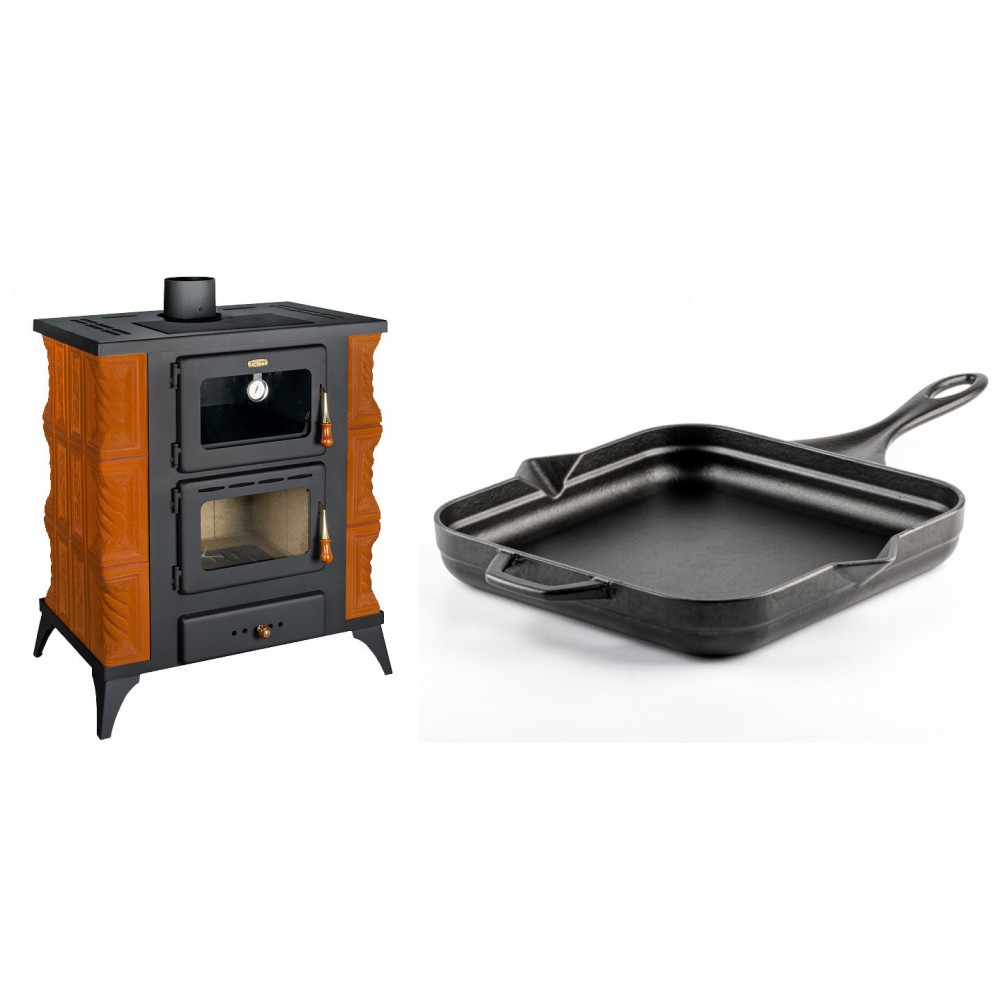 Set Kaminofen, Holzofen mit Backfach Prity, Modell FMS RK, Leistung 12kW, Keramikverkleidung, Füße + Emaillierte Gusseisenpfanne Solagio, Black Onyx, 28x28cm | Holzofen | Kaminofen |