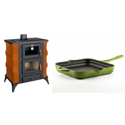 Set Kaminofen, Holzofen mit Backfach Prity, Modell FMS RK, Leistung 12kW, Keramikverkleidung, Füße + Emaillierte Gusseisenpfanne Solagio, Bamboo, 28x28cm - Kaminofen - Holzofen mit Backfach