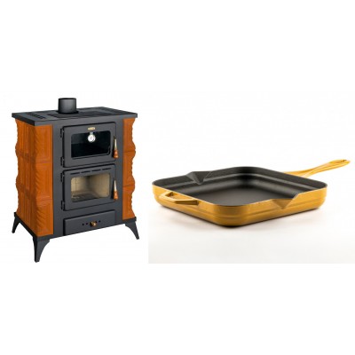 Set Kaminofen, Holzofen mit Backfach Prity, Modell FMS RK, Leistung 12kW, Keramikverkleidung, Füße + Emaillierte Gusseisenpfanne Solagio, Dijon, 28x28cm - Kaminofen - Holzofen mit Backfach