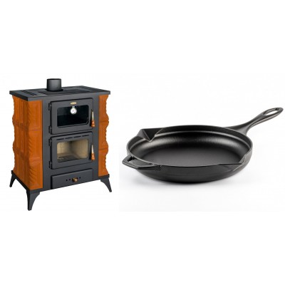Set Kaminofen, Holzofen mit Backfach Prity, Modell FMS RK, Leistung 12kW, Keramikverkleidung, Füße + Emaillierte Gusseisenpfanne Solagio, Black Onyx, Ф28cm - Kaminofen - Holzofen mit Backfach