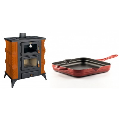 Set Kaminofen, Holzofen mit Backfach Prity, Modell FMS RK, Leistung 12kW, Keramikverkleidung, Füße + Emaillierte Gusseisenpfanne Solagio, Rubin, 28x28cm - Kaminofen - Holzofen mit Backfach