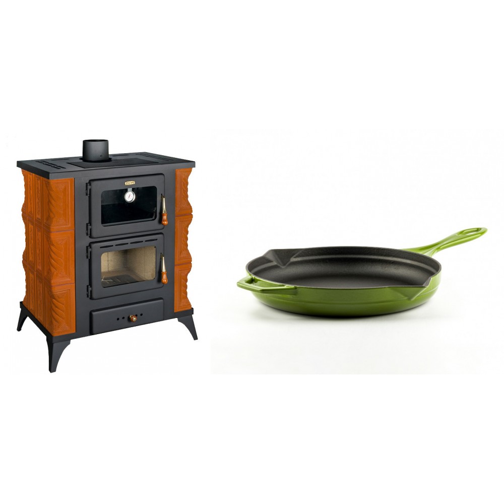 Set Kaminofen, Holzofen mit Backfach Prity, Modell FMS RK, Leistung 12kW, Keramikverkleidung, Füße + Emaillierte Gusseisenpfanne Solagio, Bamboo, Ф24cm