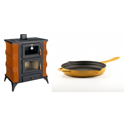 Set Kaminofen, Holzofen mit Backfach Prity, Modell FMS RK, Leistung 12kW, Keramikverkleidung, Füße + Emaillierte Gusseisenpfanne Solagio, Dijon, Ф24cm - Kaminofen - Holzofen mit Backfach