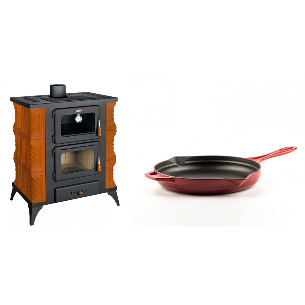 Set Kaminofen, Holzofen mit Backfach Prity, Modell FMS RK, Leistung 12kW, Keramikverkleidung, Füße + Emaillierte Gusseisenpfanne Solagio, Rubin, Ф24cm