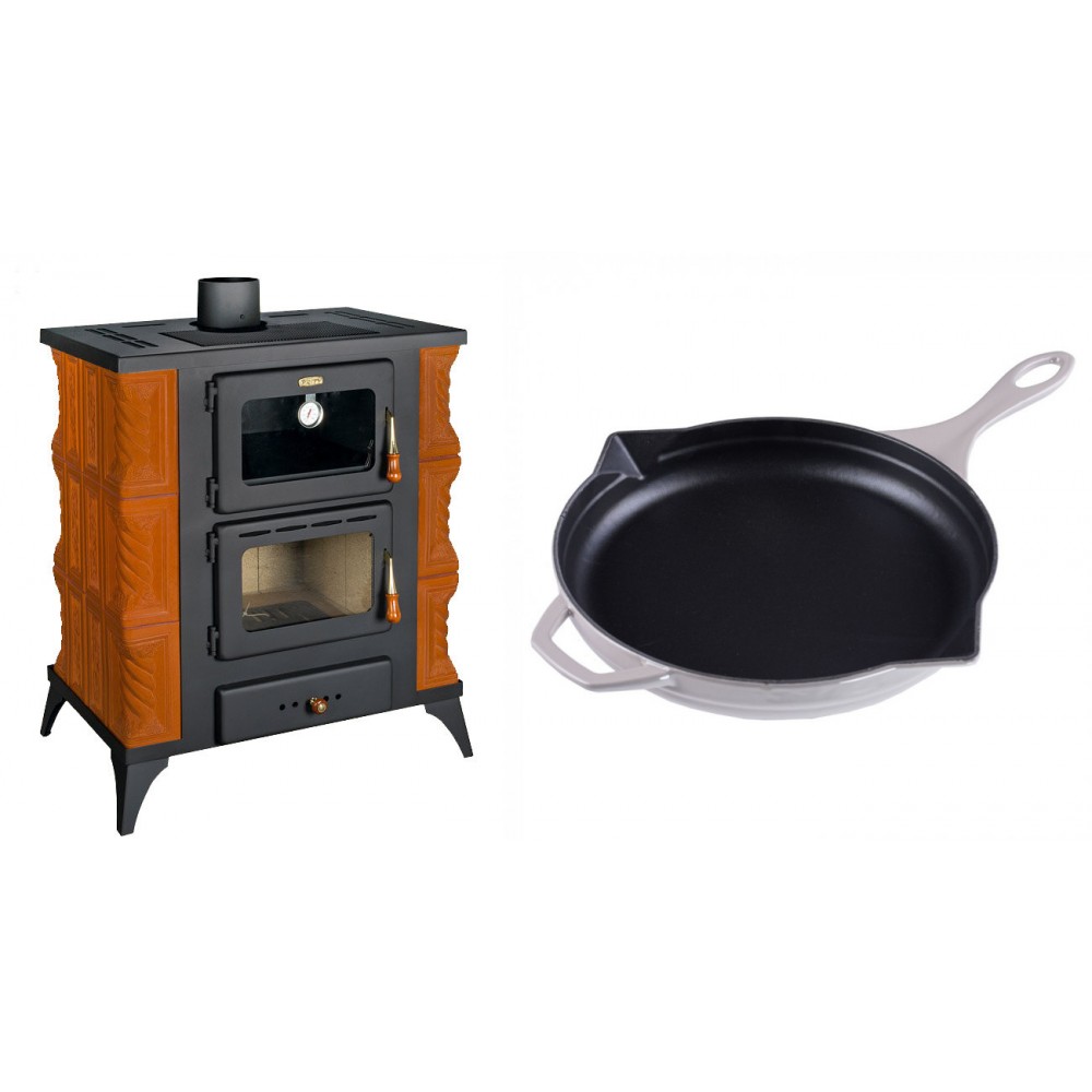 Set Kaminofen, Holzofen mit Backfach Prity, Modell FMS RK, Leistung 12kW, Keramikverkleidung, Füße + Emaillierte Gusseisenpfanne Solagio, Ivory, Ф28cm | Holzofen | Kaminofen |