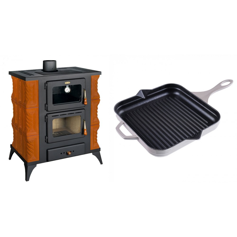 Set Kaminofen, Holzofen mit Backfach Prity, Modell FMS RK, Leistung 12kW, Keramikverkleidung, Füße + Emaillierte grillpfanne Gusseisen Solagio, Ivory, 28x28cm