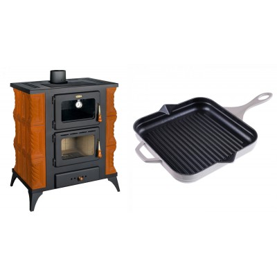 Set Kaminofen, Holzofen mit Backfach Prity, Modell FMS RK, Leistung 12kW, Keramikverkleidung, Füße + Emaillierte grillpfanne Gusseisen Solagio, Ivory, 28x28cm - Kaminofen - Holzofen mit Backfach