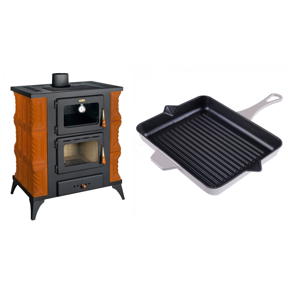 Set Kaminofen, Holzofen mit Backfach Prity, Modell FMS RK, Leistung 12kW, Keramikverkleidung, Füße + Emaillierte grillpfanne Gusseisen Solagio, Ivory, 26x32cm