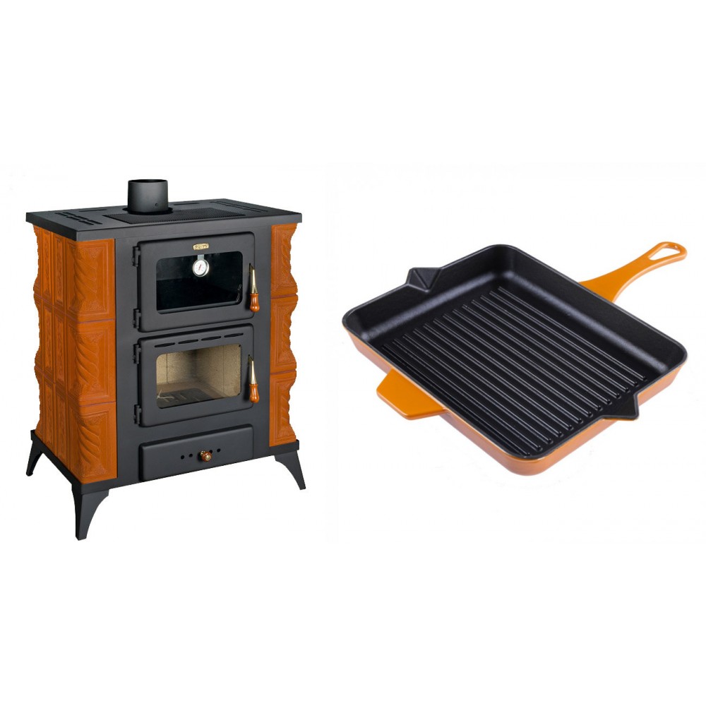 Set Kaminofen, Holzofen mit Backfach Prity, Modell FMS RK, Leistung 12kW, Keramikverkleidung, Füße + Emaillierte grillpfanne Gusseisen Solagio, Dijon, 26x32cm | Holzofen | Kaminofen |