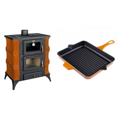 Set Kaminofen, Holzofen mit Backfach Prity, Modell FMS RK, Leistung 12kW, Keramikverkleidung, Füße + Emaillierte grillpfanne Gusseisen Solagio, Dijon, 26x32cm - Kaminofen - Holzofen mit Backfach
