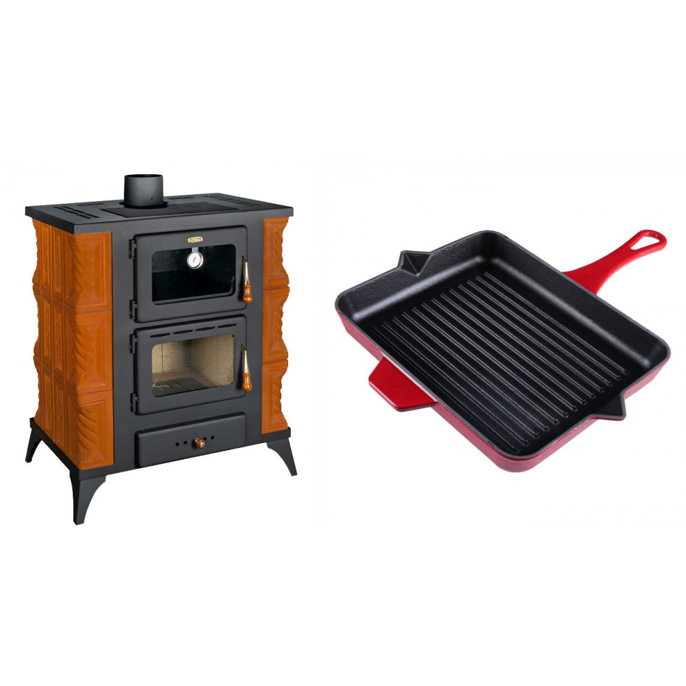 Set Kaminofen, Holzofen mit Backfach Prity, Modell FMS RK, Leistung 12kW, Keramikverkleidung, Füße + Emaillierte grillpfanne Gusseisen Solagio, Rubin, 26x32cm