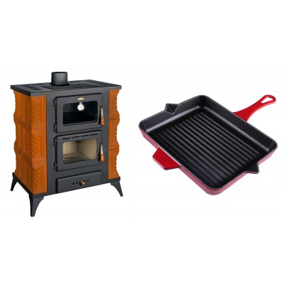 Set Kaminofen, Holzofen mit Backfach Prity, Modell FMS RK, Leistung 12kW, Keramikverkleidung, Füße + Emaillierte grillpfanne Gusseisen Solagio, Rubin, 26x32cm - Kaminofen - Holzofen mit Backfach