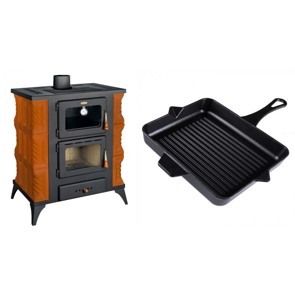 Set Kaminofen, Holzofen mit Backfach Prity, Modell FMS RK, Leistung 12kW, Keramikverkleidung, Füße + Emaillierte grillpfanne Gusseisen Solagio, Black Onyx, 26x32cm | Holzofen | Kaminofen |