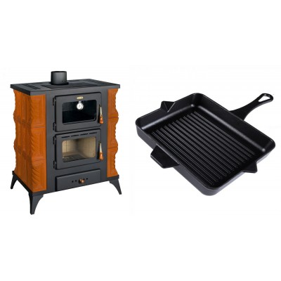 Set Kaminofen, Holzofen mit Backfach Prity, Modell FMS RK, Leistung 12kW, Keramikverkleidung, Füße + Emaillierte grillpfanne Gusseisen Solagio, Black Onyx, 26x32cm - Kaminofen - Holzofen mit Backfach