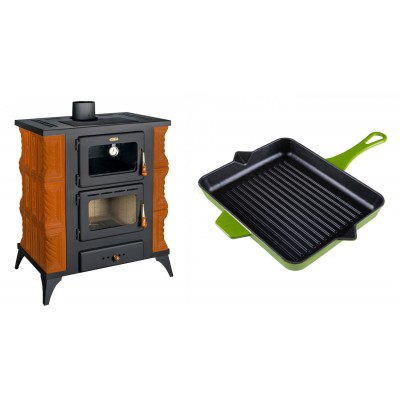 Set Kaminofen, Holzofen mit Backfach Prity, Modell FMS RK, Leistung 12kW, Keramikverkleidung, Füße + Emaillierte grillpfanne Gusseisen Solagio, Bamboo, 26x32cm - Kaminofen - Holzofen mit Backfach