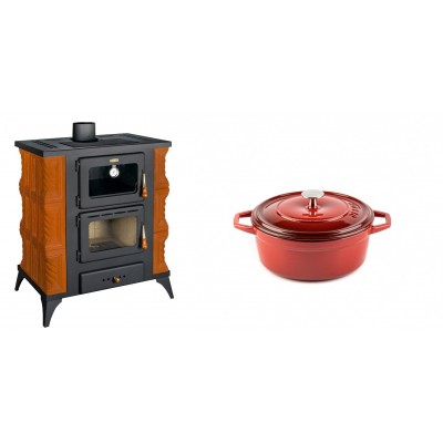 Set Kaminofen, Holzofen mit Backfach Prity, Modell FMS RK, Leistung 12kW, Keramikverkleidung, Füße + Gusseisen Topf Tiefer Solagio, Rubin, Ф12 - Kaminofen - Holzofen mit Backfach