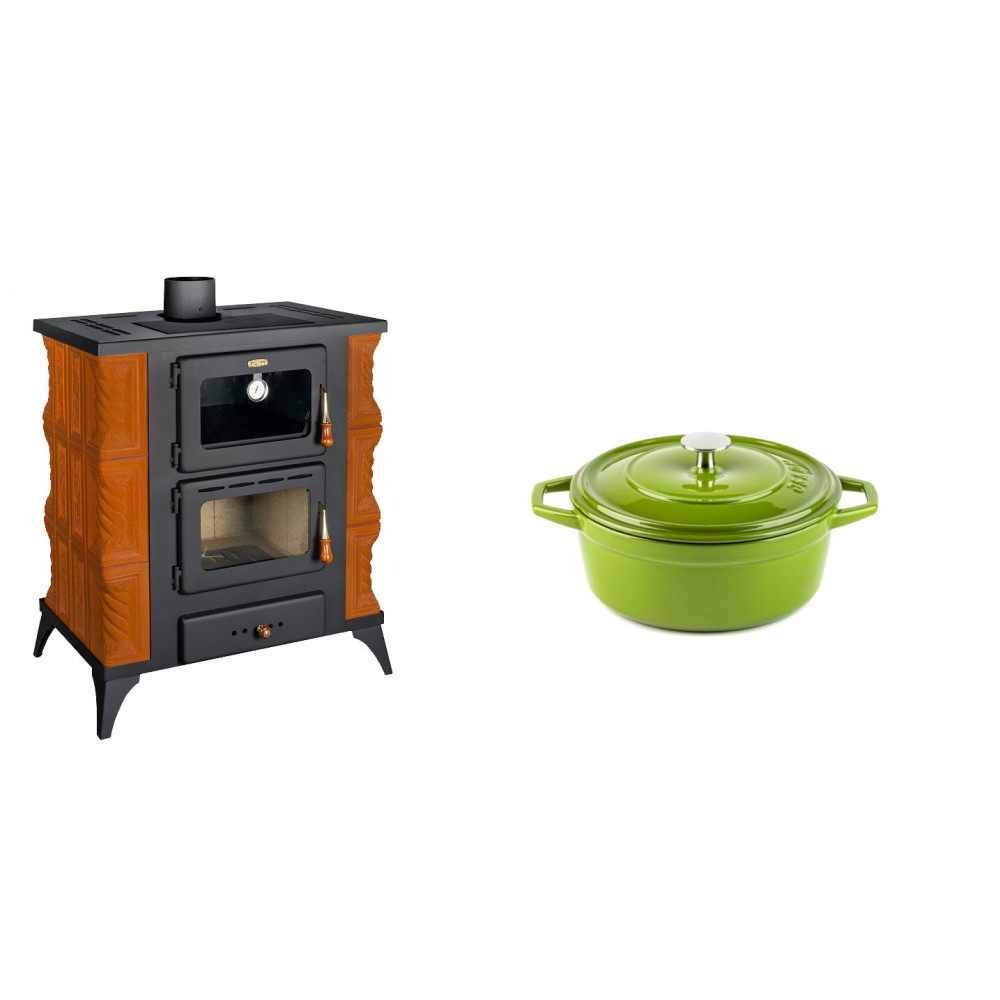 Set Kaminofen, Holzofen mit Backfach Prity, Modell FMS RK, Leistung 12kW, Keramikverkleidung, Füße + Gusseisen Topf Tiefer Solagio, Bamboo, Ф12