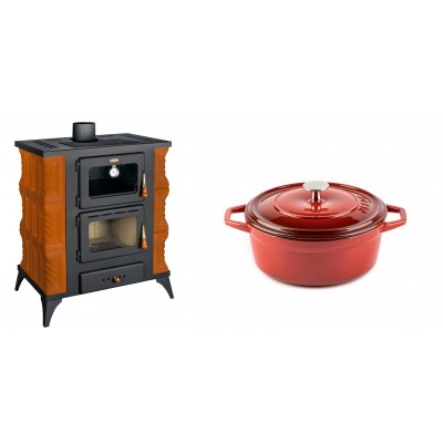 Set Kaminofen, Holzofen mit Backfach Prity, Modell FMS RK, Leistung 12kW, Keramikverkleidung, Füße + Gusseisen Topf Tiefer Solagio, Rubin, Ф20 - Kaminofen - Holzofen mit Backfach