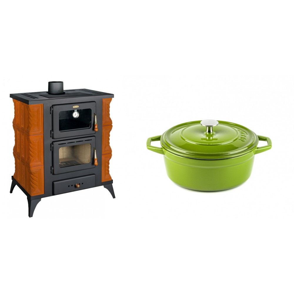 Set Kaminofen, Holzofen mit Backfach Prity, Modell FMS RK, Leistung 12kW, Keramikverkleidung, Füße + Gusseisen Topf Tiefer Solagio, Bamboo, Ф20 | Holzofen | Kaminofen |