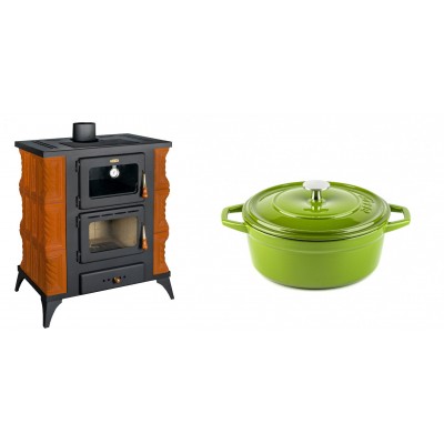 Set Kaminofen, Holzofen mit Backfach Prity, Modell FMS RK, Leistung 12kW, Keramikverkleidung, Füße + Gusseisen Topf Tiefer Solagio, Bamboo, Ф20 - Kaminofen - Holzofen mit Backfach