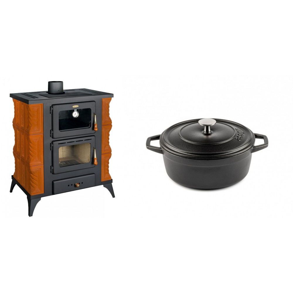 Set Kaminofen, Holzofen mit Backfach Prity, Modell FMS RK, Leistung 12kW, Keramikverkleidung, Füße + Gusseisen Topf Tiefer Solagio, Black Onyx, Ф20 | Holzofen | Kaminofen |