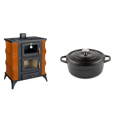Set Kaminofen, Holzofen mit Backfach Prity, Modell FMS RK, Leistung 12kW, Keramikverkleidung, Füße + Gusseisen Topf Tiefer Solagio, Black Onyx, Ф20 - Kaminofen - Holzofen mit Backfach