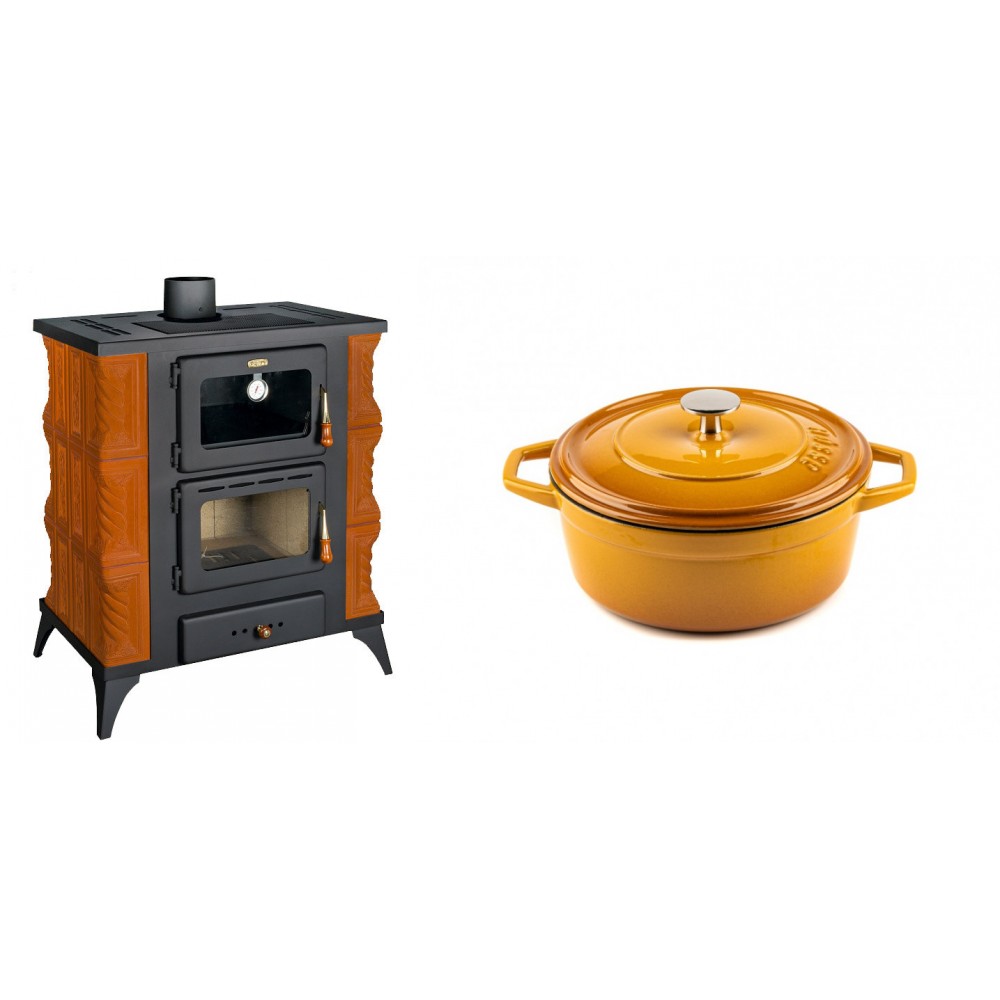 Set Kaminofen, Holzofen mit Backfach Prity, Modell FMS RK, Leistung 12kW, Keramikverkleidung, Füße + Gusseisen Topf Tiefer Solagio, Dijon, Ф20