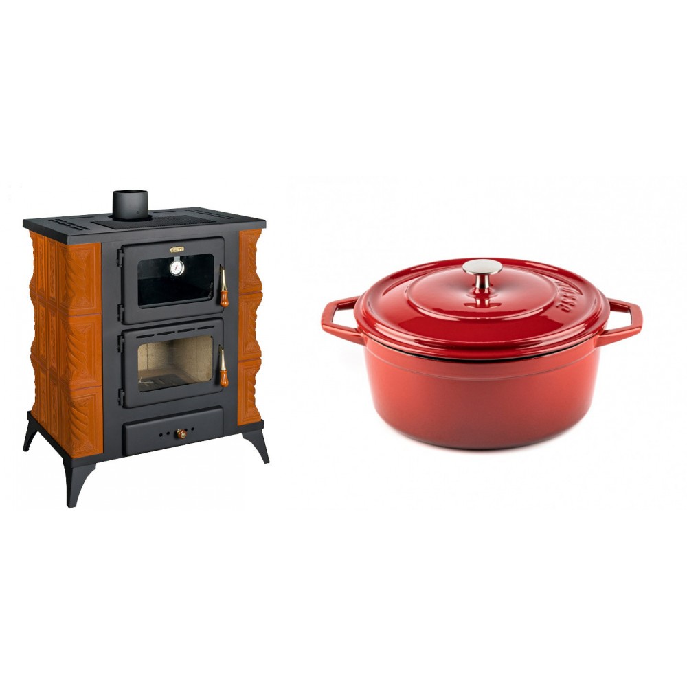 Set Kaminofen, Holzofen mit Backfach Prity, Modell FMS RK, Leistung 12kW, Keramikverkleidung, Füße + Gusseisen Topf Tiefer Solagio, Rubin, Ф24